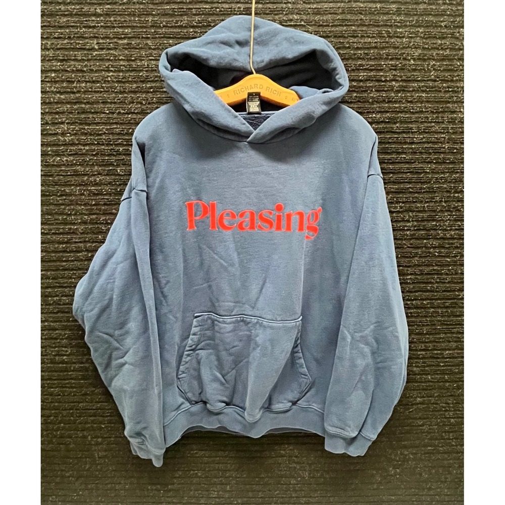 Pleasing Harry Styles Hoodie Blue Red Logo Organic Cotton Pullover Large